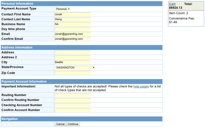 Online property tax payment form requesting bank account information for e-check payment