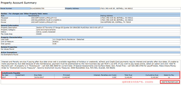 Property account summary displaying tax installments and option to add payment to list
