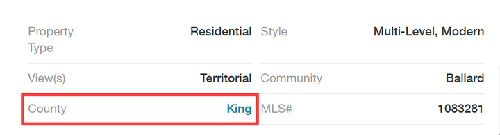 Residential property listing details showing the county listed as King County