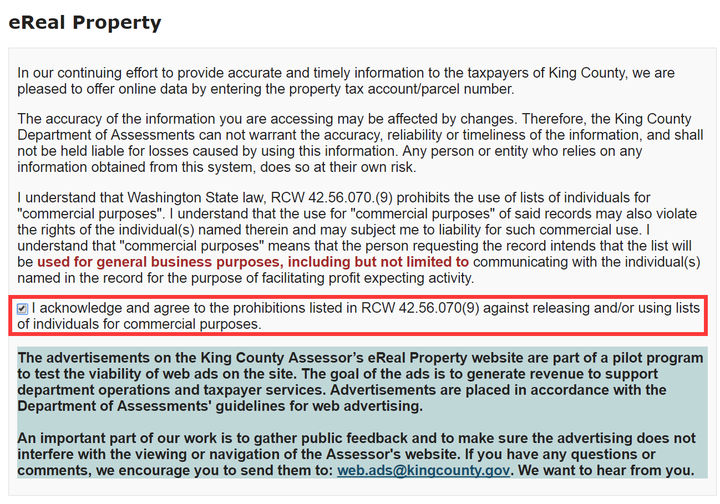 King County property tax account summary showing parcel number and first and second half payment amounts