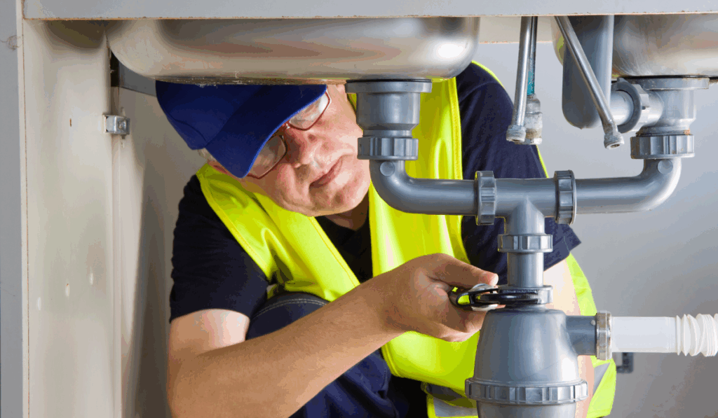a plumber fixing a pipe under a sink