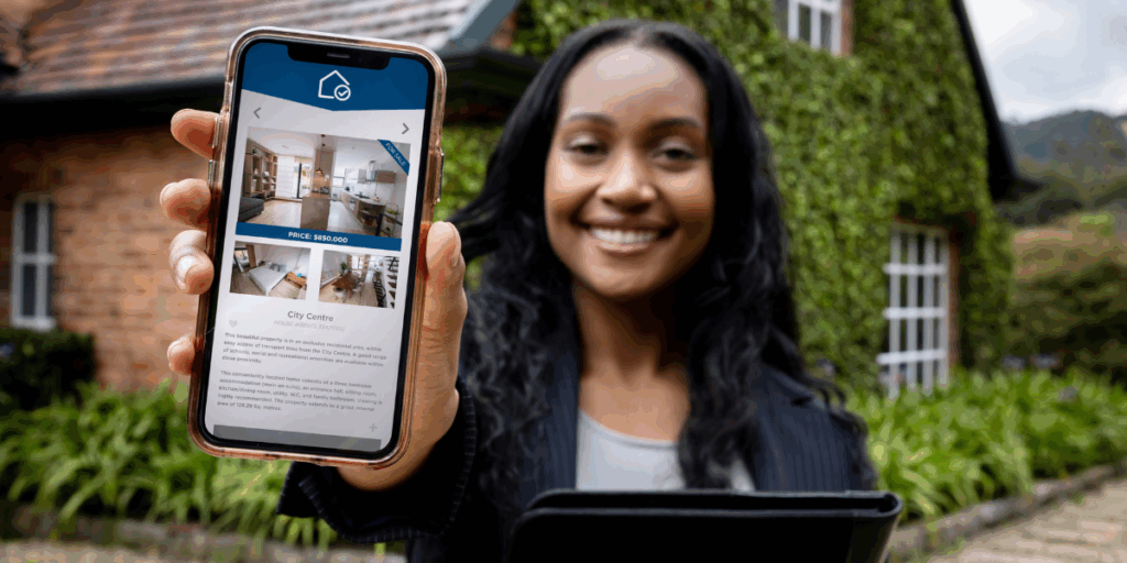 a woman showing a property listed online via smartphone