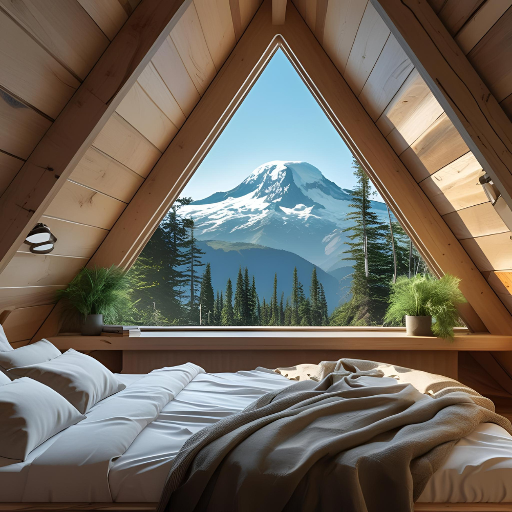 A modern A-frame with Mount Rainier visible from bed
