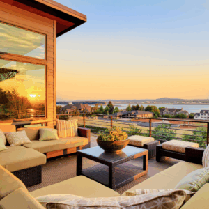 A rooftop deck with a Space Needle view